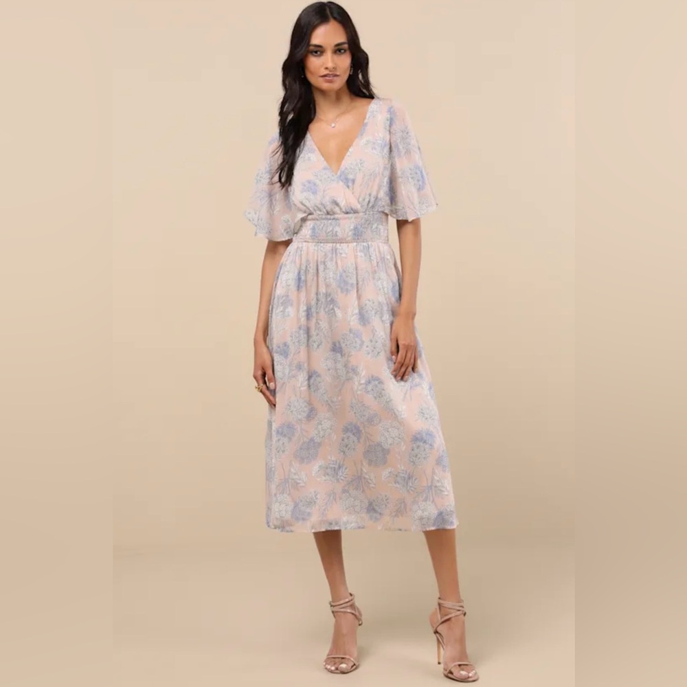 Lulus Women's Size S Cream & Blue Floral Midi Length Dress